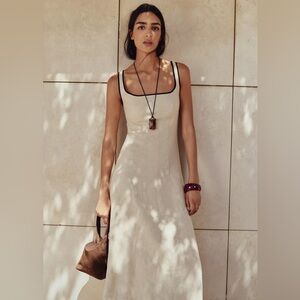 NWT ZARA CONTRAST TRIM LINEN MIDI DRESS